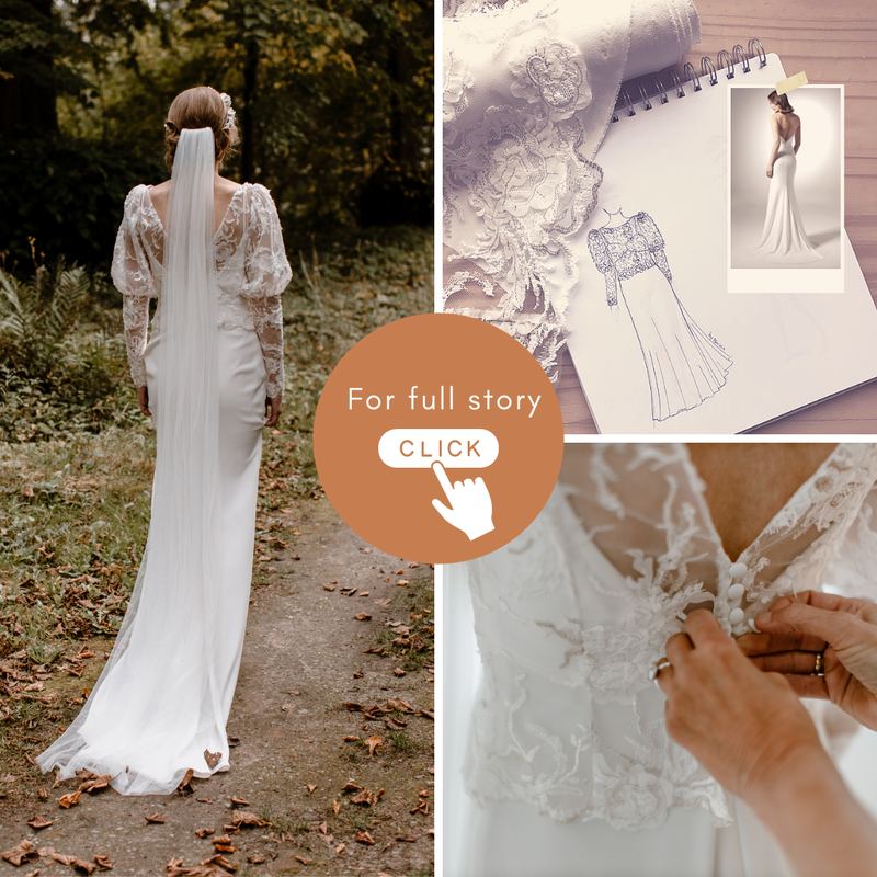Trouwjurk ontwerpen, mix and match, trouwjurk met mouwen en kant, moderne bruid, vintage trouwjurk 